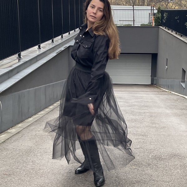 Shirt Dress With Tulle Skirt, Black Tutu Tunic Dress, Cotton Collar Dress With See Through Skirt, Birthday Dress, Plus Size Clothing