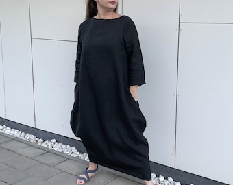 Long Linen Balloon Dress, Black Maxi Sleeved Dress, Loose Bubble Shift Dress 2X 3X 4X, Plus Size Pocket Dress, Linen Kaftan For Women