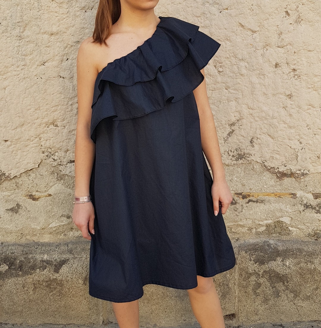 Black Wide/Off  Shoulder Cotton Balloon Hem Mini Dress
