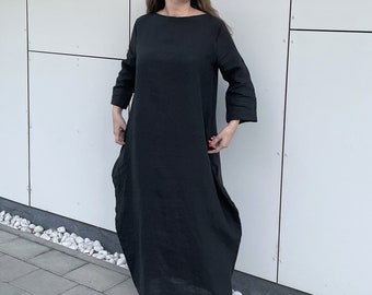 Loose Black Maxi Dress With Pockets Long Linen Balloon Dress