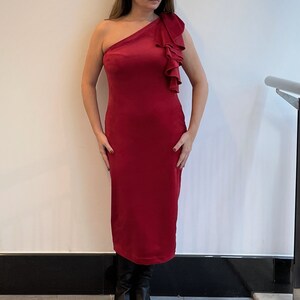 Sexy Red Velvet Off Shoulder Dress, One Shoulder Ruffle Winter Dress, Formal Fitted Midi Dress, Cocktail Party Dress, Evening Dress