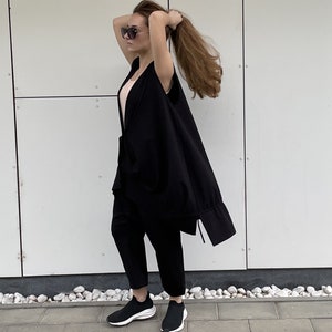 Two Piece Women Cotton Set, Black Sleeveless Boho Vest And Harem Baggy Pants, Plus Size Clothing, Avant Garde, 2X 3X 4X Gothic