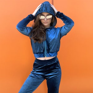 Zipper Tracksuit Hoodie And Pants, Cropped Hoodie And Pants Velvet Set, Blue Matching Set Sweatshirt and Trousers, Women Loungewear