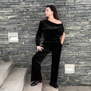 Black Sexy Velvet Jumpsuit, Off Shoulder One Piece Overalls, Fancy Women Bodysuit, Elegant Romper All In One, Long Pantsuit, Plus Size
