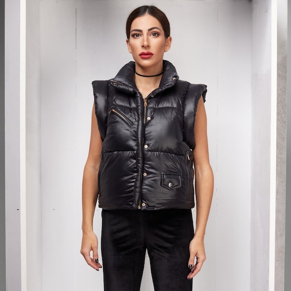 Black Puffer Sleeveless Jacket, Zip Up Puffy Vest, Short Down Bomber  Jacket, Winter Crop Quilted Vest, Women Streetwear, Outdoors - Main Image