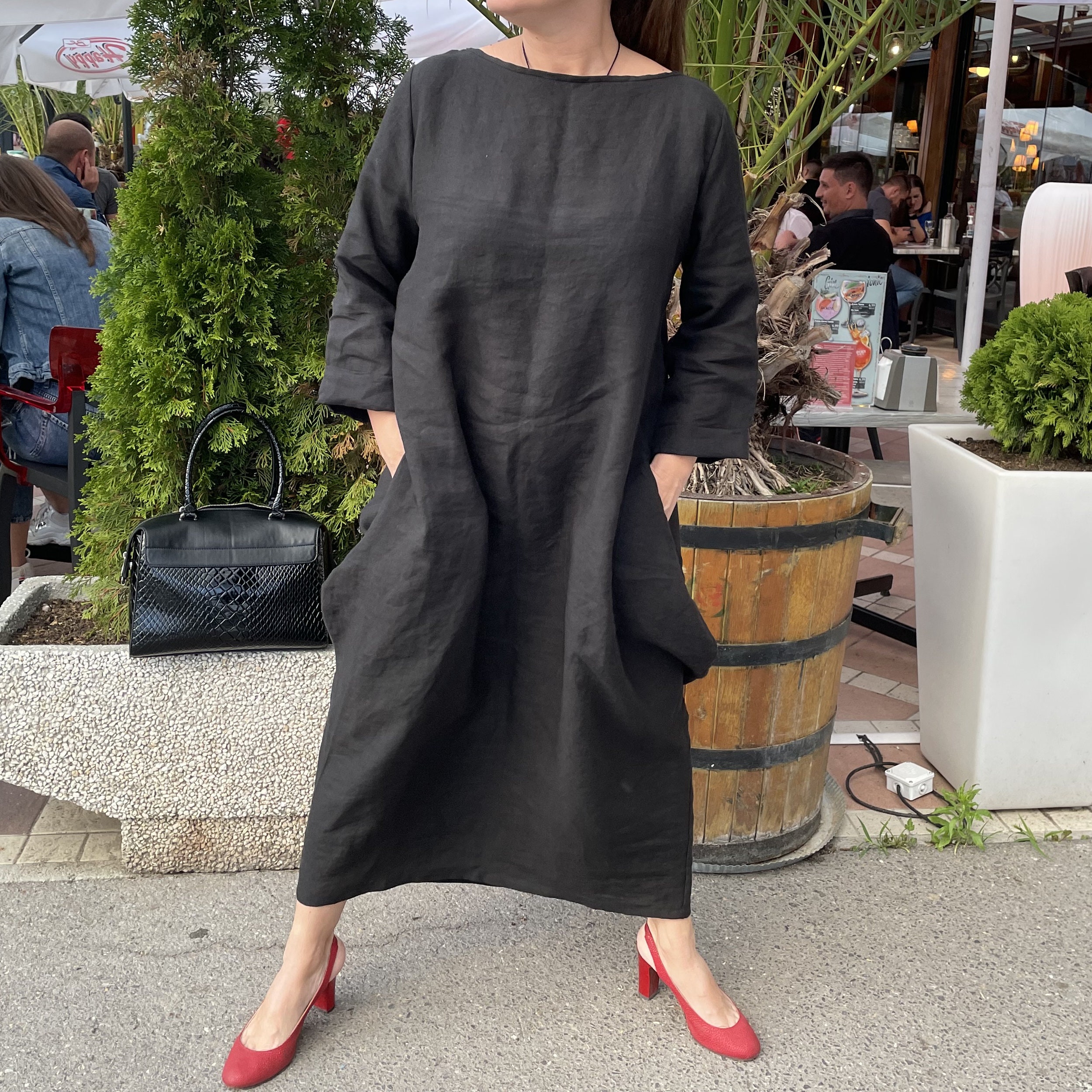 Long Linen Balloon Dress Black Maxi Sleeved Dress Loose - Etsy