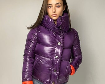 Purple Puffer Jacket, Down Jacket, Winter High Collar Jacket
