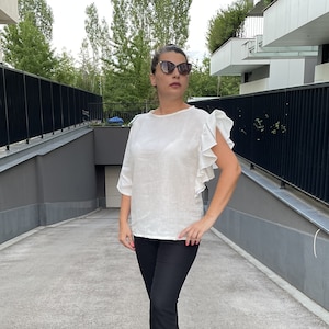 One Sleeve Linen Blouse, Asymmetrical One Shoulder Blouse, White Loose Flax Top, 2X 3X 4X Women Shirt, Plus Size Clothing, Avant Garde