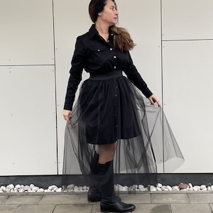 Shirt Dress With Tulle Skirt, Black Tutu Tunic Dress, Cotton Collar Dress With See Through Skirt, Birthday Dress, Plus Size Clothing