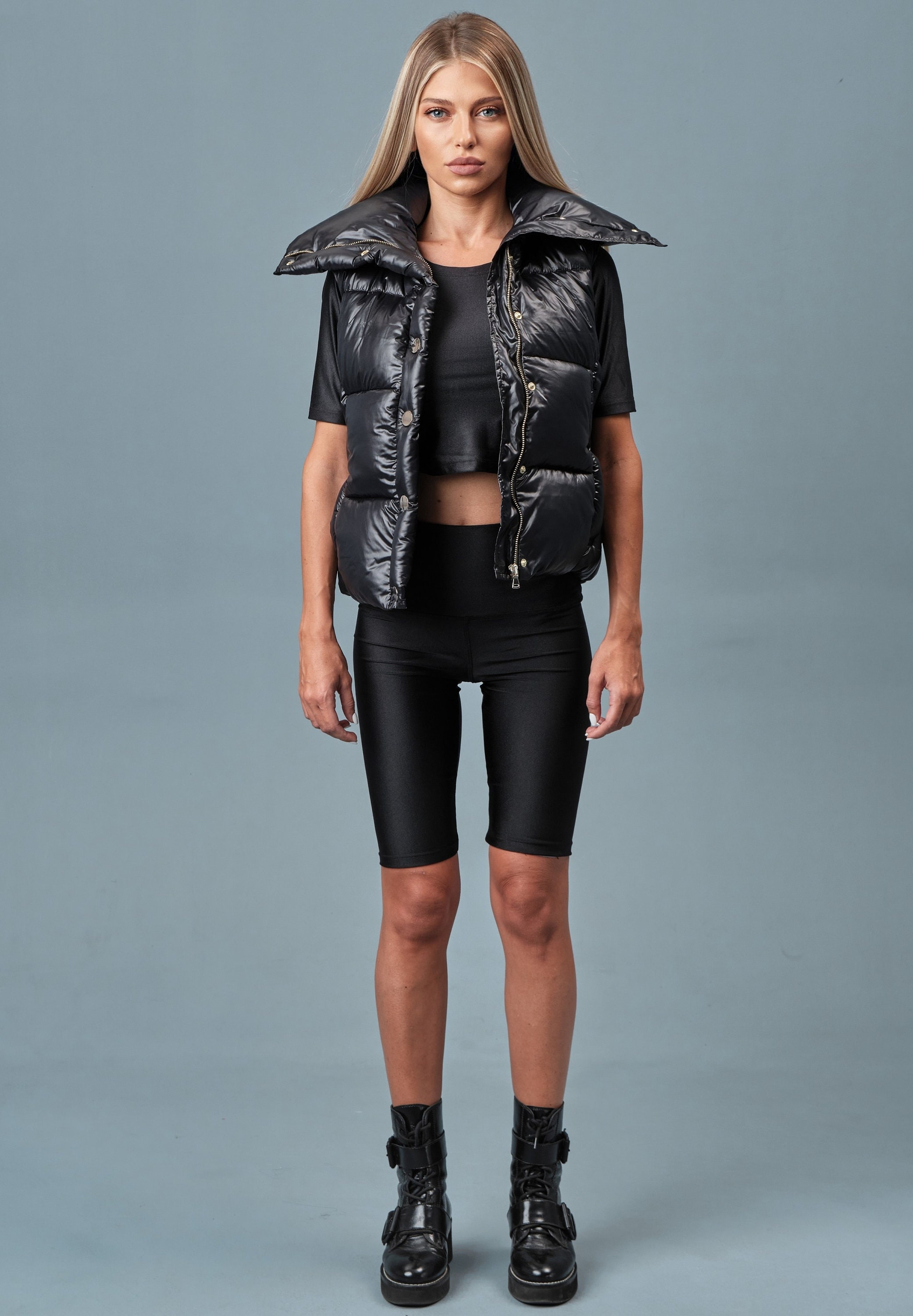 Black Puffer Sleeveless Down Vest, Zipped Collar Short
