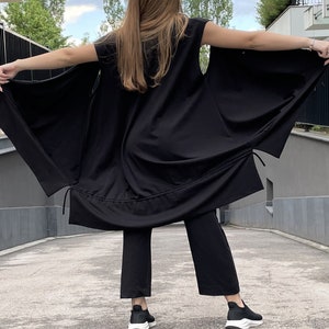 Oversized High Low Cotton Vest, Stretch Sleeveless Cover Up, Long Asymmetric Slit Waistcoat, 2X 3X 4X Black Loose Cover Up, Plus Size