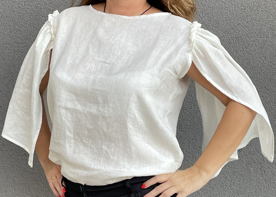 Split Sleeves Linen Blouse White Loose Flax Shirt Elegant - Etsy