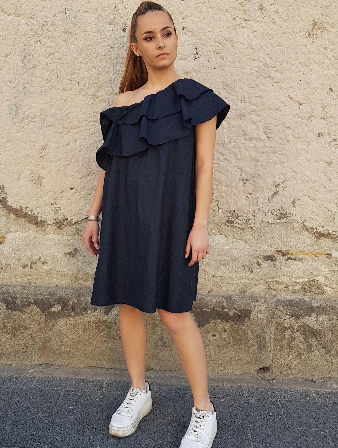 Black off Shoulder Mini Dress, One Shoulder Cotton Dress, Ruffle ...