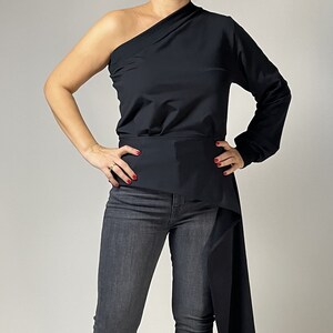 Cold Shoulder Extravagant Top, Black One Sleeve Asymmetric Blouse, Open Shoulder Blouse, Flared Women Top Blouse, Avant Garde
