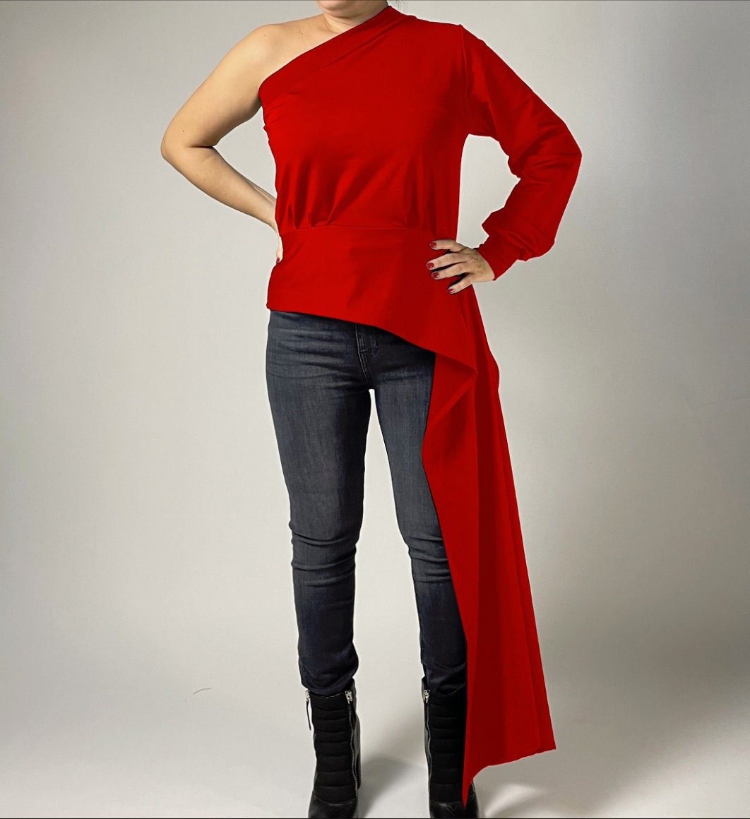 Red One Sleeve Asymmetric Blouse Top Cold Shoulder - Etsy Israel