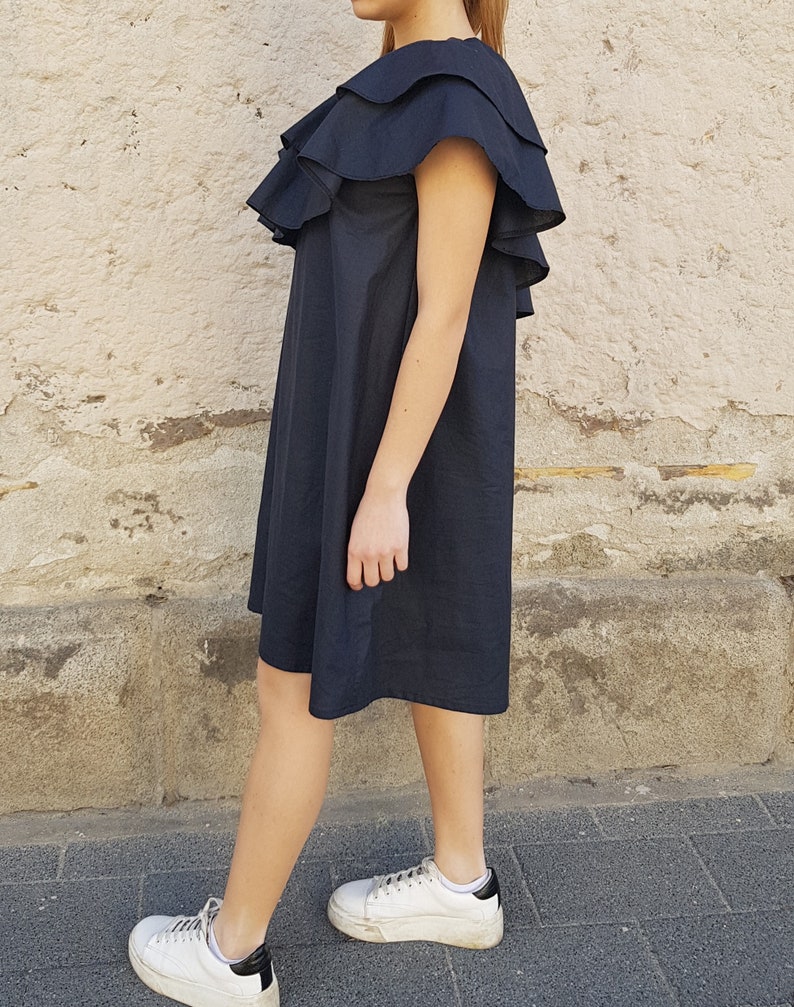 Black off Shoulder Mini Dress, One Shoulder Cotton Dress, Ruffle ...