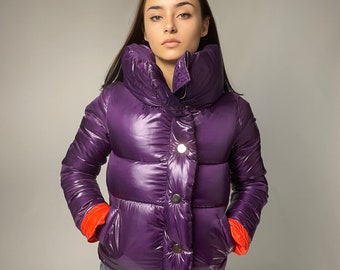 Purple Puffer Jacket, Down Jacket, Winter High Collar Jacket, Quilted Cropped Jacket, XXS Bomber Jacket For Women, Short Coat Purple Puffer Jacket, Down Jacket, Winter High Collar Jacket, Quilted Cropped Jacket, XXS Bomber Jacket For Women, Short Coat