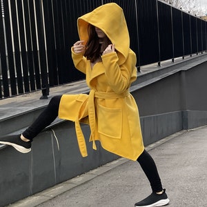 Hooded Asymmetrical Yellow Coat, Midi Autumn Wrap Coat, Winter Cape Coat, Oversized Women Cardigan, Plus Size Clothing