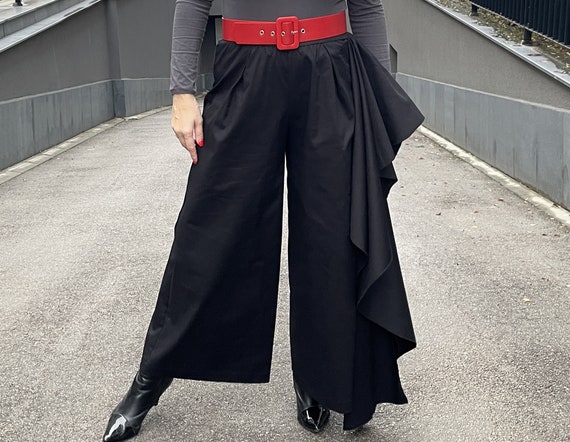 Side Ruffle Wide Leg Flared Pants, High Waist Black Maxi Trousers, Palazzo  Pants, 2X 3X 4X Cocktail Pants for Women, Plus Size Clothing 