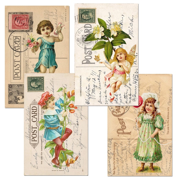 Postcard set of four different postcards - flower elf