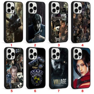 May include: A collection of eight black phone cases featuring various character designs and graphics. The cases showcase images of characters, logos, and scenes from a video game. Each case has a black border and a camera cutout.