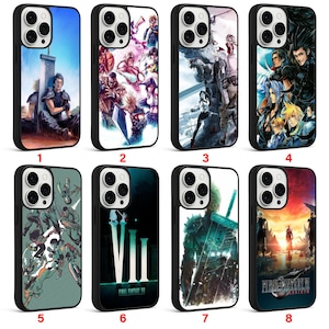 May include: A collection of eight black phone cases with various Final Fantasy artwork. The cases feature images of characters, scenes, and logos from the popular video game series. Each case has a black border and a glossy finish.