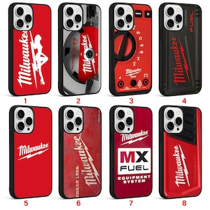 May include: A collection of eight phone cases with black edges and various red designs. The cases feature the "Milwaukee" logo and other graphics, including a silhouette, tools, and the text "MX FUEL EQUIPMENT SYSTEM."