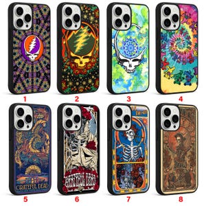 May include: A collection of eight phone cases with various designs. The cases feature images of skulls, tie-dye patterns, and other graphics. Each case has a black border and is designed for a smartphone.