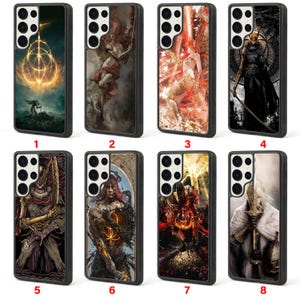 May include: A collection of eight black phone cases featuring various fantasy art designs. The cases showcase detailed illustrations of figures, landscapes, and abstract art in a variety of colors, including green, red, and gold.