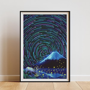 Pixel Art Mount Fuji Landscape  Retro 8 Bit Night Sky Print Unique Gift for Nature Lovers Art print of mountain and stars for wall