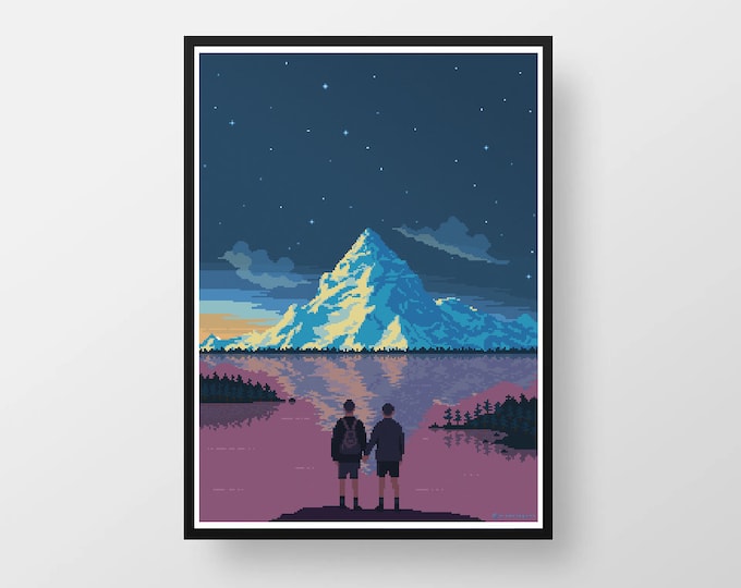 Pixel Art Mountain Lake Print – Retro Couple Illustration