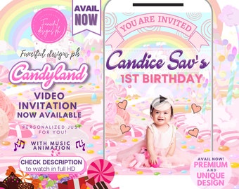 Candyland Party Video Invitation Sweet Baby Girl Pastel Rainbow Candies Lollipops Invite Any Age (FREE Add Photos)