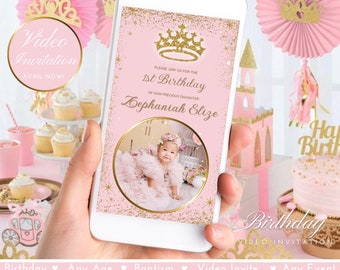 Princess Video Invitation Pink and Gold Royal Princess Party Baby Princess Birthday Girl Video Invite Any Event Any Age (FREE Add Photos)
