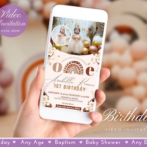 Rainbow Boho Birthday Video Invitation Bohemian Girl Birthday Party Invite Muted Chic Rainbow(FREE ADD Photo)