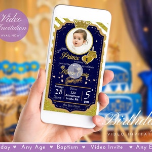 Prince Birthday Video Invitation Crowned Little Prince Royal Party for Baby Boy Gold & Blue Invite (FREE Add Photo)