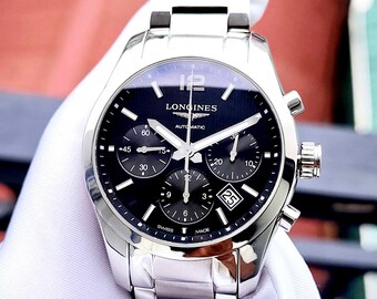 Longines Conquest Classic Chronograph quadrante nero orologio da uomo L2.786.4.56.6-PREOWNED, orologio automatico, orologio da uomo, orologio Artisane GMT, sportivo