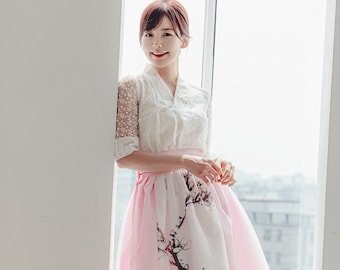 moon様　③美品★チョゴリ　韓服　オレンジピンク×白花柄 韓服レディースブラウスチョゴリショートトップジャケット、韓国モダン