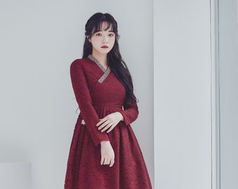 Red & Wine color Modern Hanbok Dress | Korean Hanbok for women | Handmade dress | party dress for women | lace fabric | Norigae | SO.19