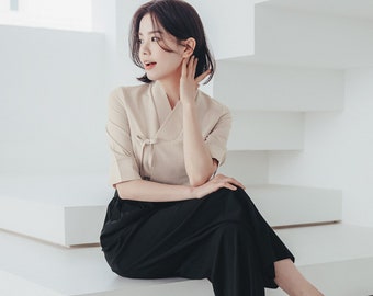 Beige Casual Modern Hanbok Blouse | Korea Daily Hanbok | Modern hanbok for women | Handmade blouse | hanbok jeogori | Black Pants | B.10_1
