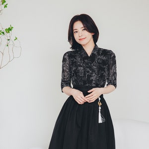 Black Modern Hanbok Blouse | Korean daily hanbok | Formal & Flower pattern | Korean handmade hanbok jeogori | Black skirt | Norigae | B.12