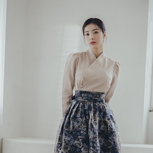 Beige Modern Hanbok Jeogori | Handmade Korea Daily Hanbok | elegance women hanbok | occasion clothing for women | Black flower Skirt | J.16