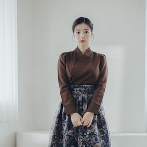 Brown Modern Hanbok Jeogori | Korean Traditional Costume | Handmade jeogori for women | Formal Clothing | Black floral Skirt | J.18_1