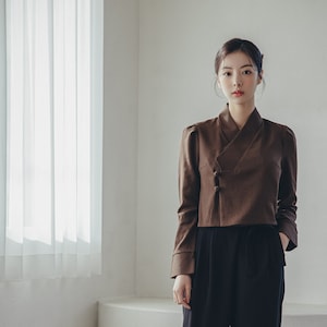 Brown Modern Hanbok | Handmade Korean blouse | Daily, Casual, Formal woman clothing | women hanbok jeogori | Black Pants | J.18_2