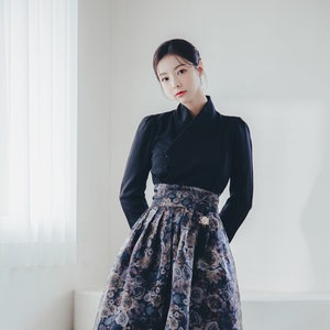 Black Modern Hanbok Jeogori | Classy dress for women | Formal, Flower pattern | Handmade women hanbok | Black & Gray Floral Skirt | J.17_2