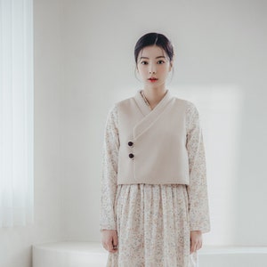 Ivory Floral Modern Hanbok Dress | Korean Handmade | Picnic, Wedding, Bloom Dress for women | Floral Wrap Skirt | Knitted Vest | WO.4