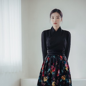 Black Modern Hanbok Jeogori | Handmade Korea Hanbok | Elegant clothing for women | Formal, Daily women blouse | Black Floral Skirt | J.17_1