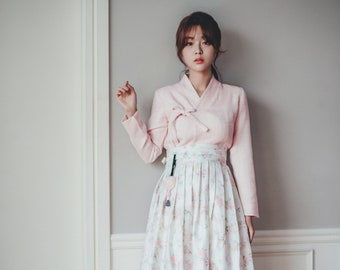 Pink Modern Hanbok Jeogori | Handmade Korea Daily Hanbok | Mini Dress | Picnic, Occasion dress | White Rose wrap Skirt | Norigae | J.1_1