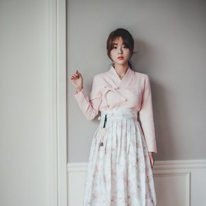 Pink Modern Hanbok Jeogori | Handmade Korea Daily Hanbok | Mini Dress | Picnic, Occasion dress | White Rose wrap Skirt | Norigae | J.1_1