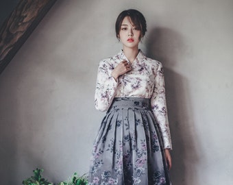 White & Gray Modern Hanbok | Handmade Hanbok | Korean women hanbok | occasion clothing for women | Gray floral wrap Skirt | J.14