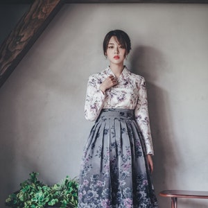 White & Gray Modern Hanbok | Handmade Hanbok | Korean women hanbok | occasion clothing for women | Gray floral wrap Skirt | J.14